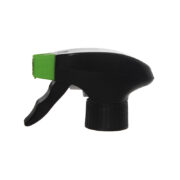 Front view of black and green all-plastic foam trigger sprayer with dual-shroud design and switchable foam/spray nozzle, 28-410 neck, 1.2 ml output