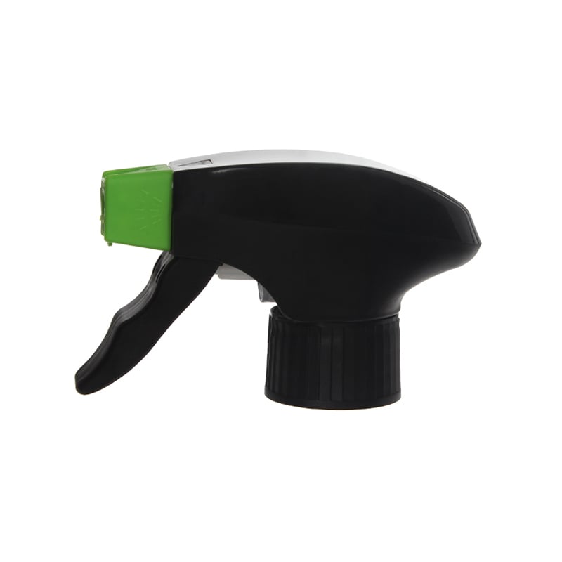 Front view of black and green all-plastic foam trigger sprayer with dual-shroud design and switchable foam/spray nozzle, 28-410 neck, 1.2 ml output