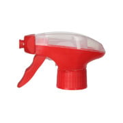 Front view of red and clear all-plastic foam trigger sprayer with plastic mesh nozzle, dual-cover design, 28-410 neck, 1.2 ml output
