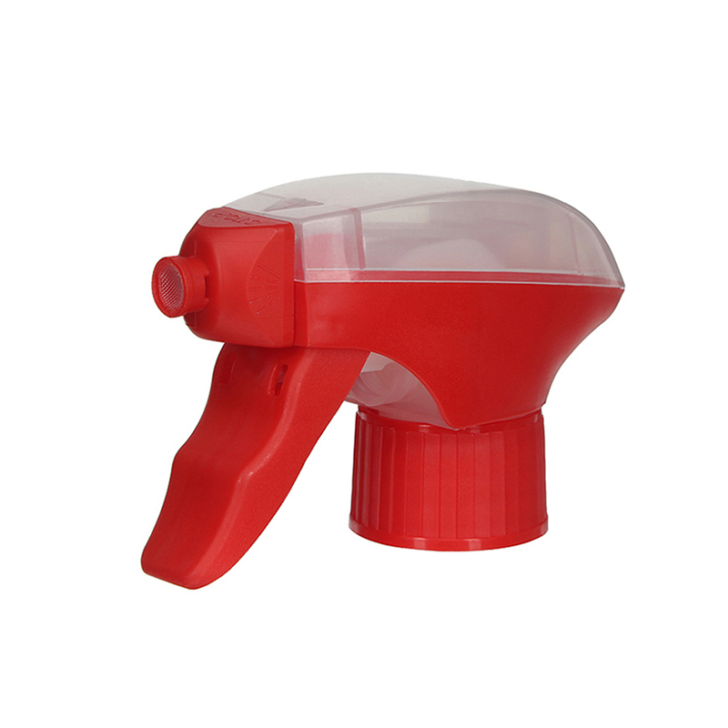 45-degree angled view of red and clear all-plastic foam trigger sprayer showing plastic mesh head and dual-cover structure, 28-410 neck, 1.2 ml dosage