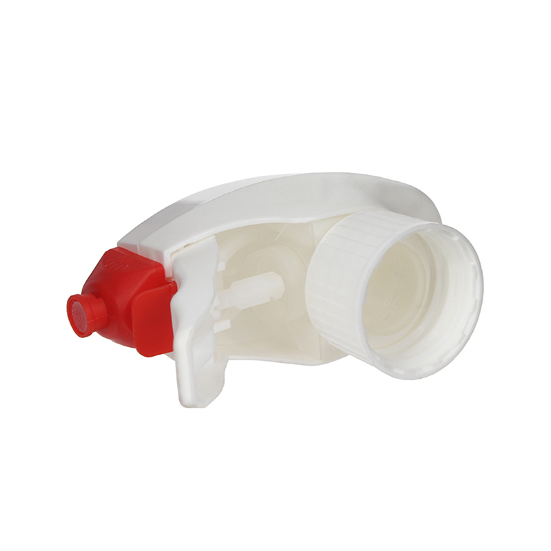 Bottom view of white and red child-resistant foam trigger sprayer, all-plastic construction with dual-shroud design, 28-410 neck, 1.2 ml output