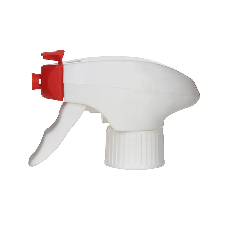 Unlock state Front view of white and red child-resistant foam trigger sprayer, all-plastic construction with dual-shroud design, 28-410 neck, 1.2 ml output