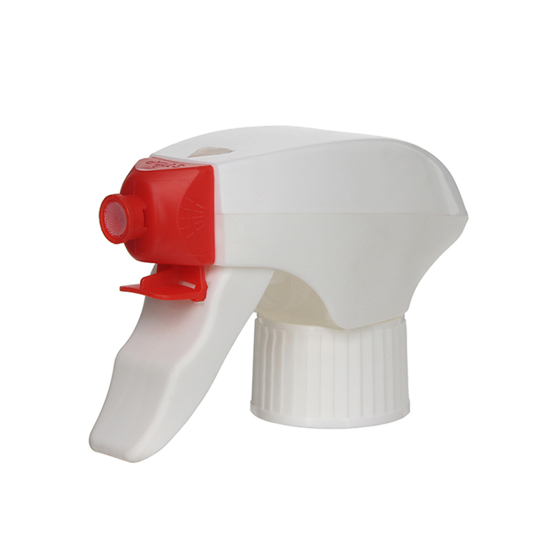 45-degree angled view of white and red all-plastic child-resistant foam trigger sprayer showing dual-shroud structure and foaming nozzle, 28-410 neck, 1.2 ml dosage