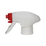 Front view of white and red child-resistant foam trigger sprayer, all-plastic construction with dual-shroud design, 28-410 neck, 1.2 ml output