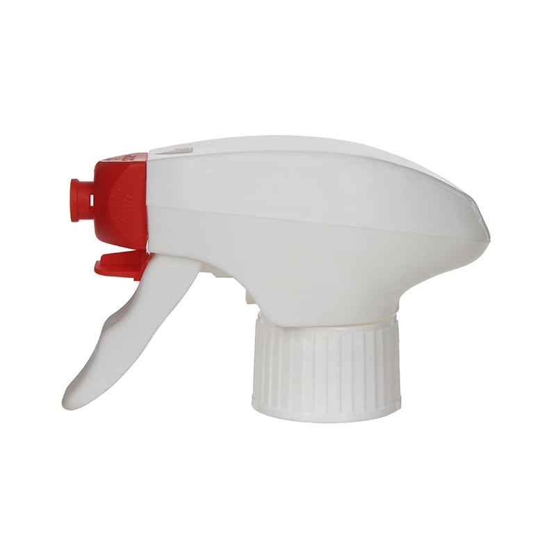 Front view of white and red child-resistant foam trigger sprayer, all-plastic construction with dual-shroud design, 28-410 neck, 1.2 ml output