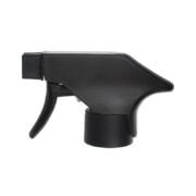 Front view of matte black trigger sprayer with single-spray nozzle, 28mm 28-410 neck, 0.9 ml output