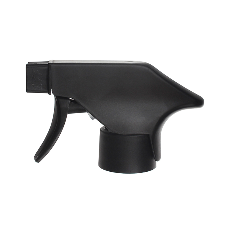Front view of matte black trigger sprayer with single-spray nozzle, 28mm 28-410 neck, 0.9 ml output