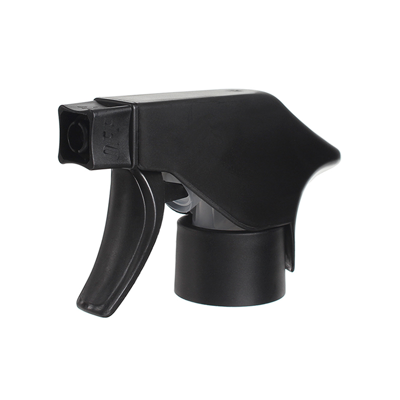 45-degree angled view of matte black trigger sprayer showing single-spray nozzle and ergonomic trigger design, 28-410 neck, 0.9 ml dosage