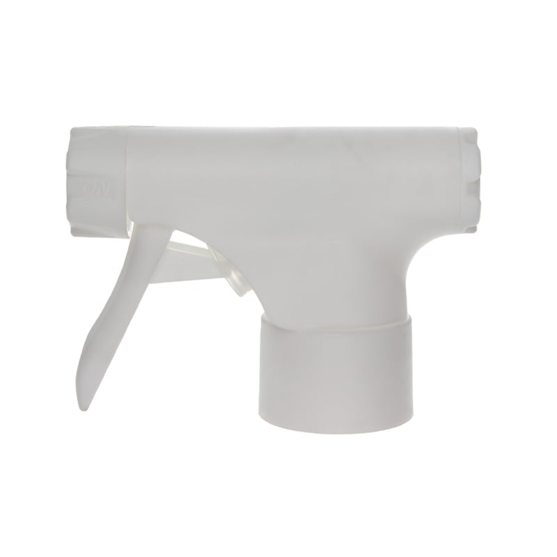 Front view of matte white trigger sprayer with round single-spray nozzle, 28-410 neck, 0.9 ml output
