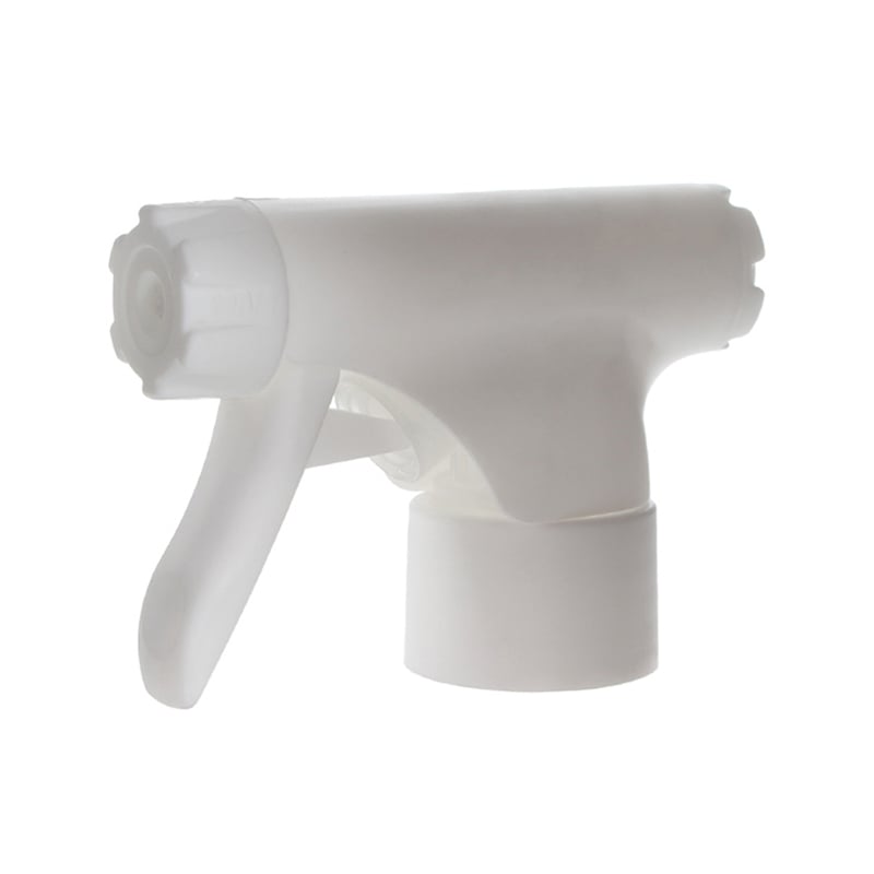 45-degree angled view of matte white trigger sprayer showing round single-spray nozzle and ergonomic trigger, 28-410 neck, 0.9 ml dosage