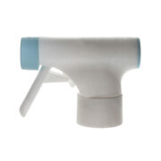 Front view of matte white trigger sprayer with blue round single-spray nozzle, 28-410 neck, 0.9 ml output