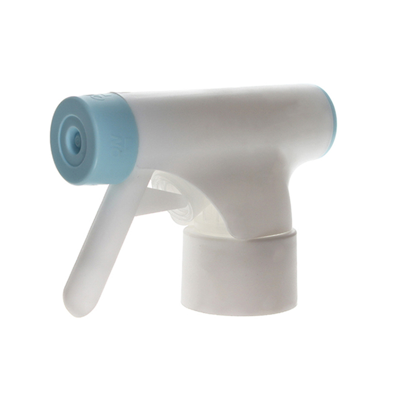 45-degree angled view of matte white trigger sprayer with blue round single-spray nozzle and ergonomic trigger, 28-410 neck, 0.9 ml dosage
