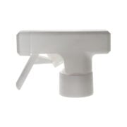 Front view of matte white trigger sprayer with single-spray nozzle and square shroud design, 28-410 neck, 0.9 ml output