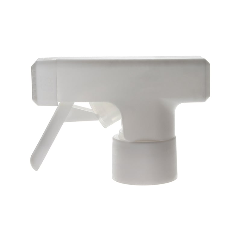 Front view of matte white trigger sprayer with single-spray nozzle and square shroud design, 28-410 neck, 0.9 ml output