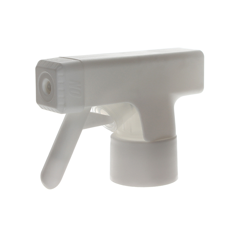 45-degree angled view of matte white trigger sprayer showing square shroud and single-spray nozzle, 28-410 neck, 0.9 ml dosage