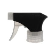 Front view of black and clear trigger sprayer with single-spray nozzle, 28mm 28-410 neck, 0.9 ml output