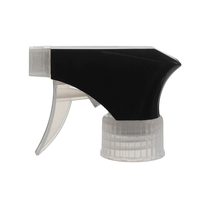 Front view of black and clear trigger sprayer with single-spray nozzle, 28mm 28-410 neck, 0.9 ml output
