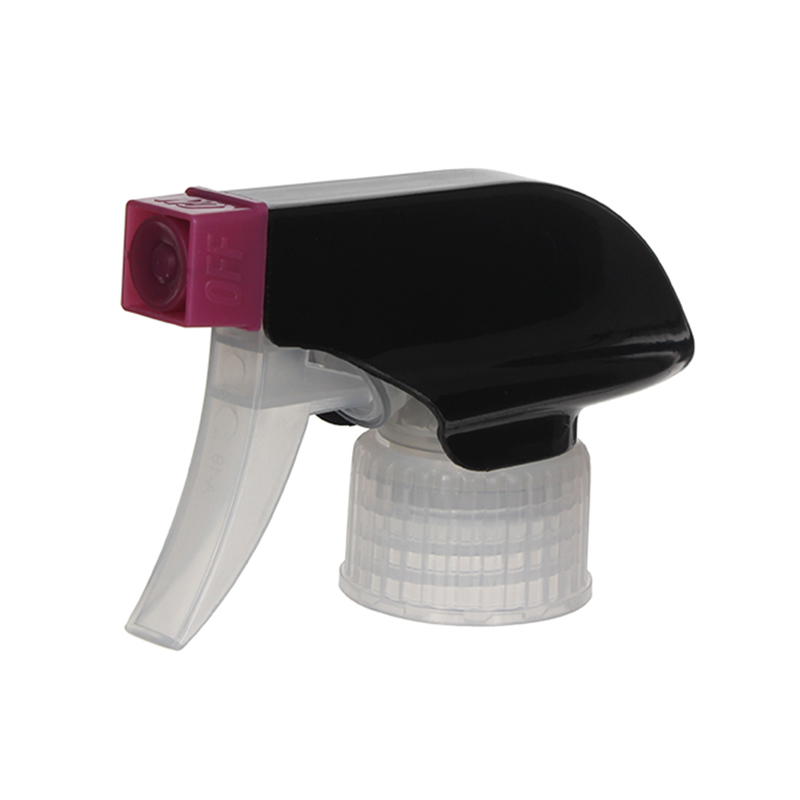 45-degree angled view of black and clear trigger sprayer showing single-spray nozzle and trigger design, 28-410 neck, 0.9 ml dosage