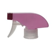 Front view of pink and clear trigger sprayer with single-spray nozzle, 28-410 neck, 0.9 ml output