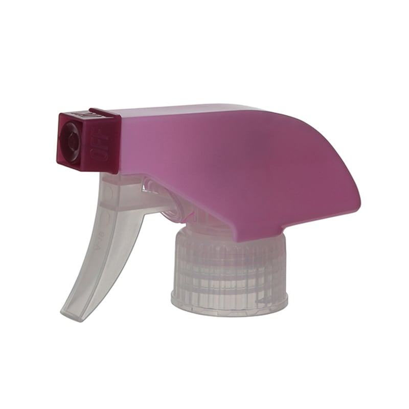 45-degree angled view of pink and clear trigger sprayer showing single-spray nozzle and trigger design, 28-410 neck, 0.9 ml dosage
