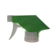 Front view of white and green economical trigger sprayer with ratchet closure and spray-only nozzle, 28-410 neck, 0.9 ml output