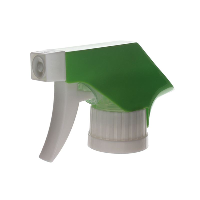45-degree angled view of white and green economical ratchet closure trigger sprayer showing spray-only nozzle and trigger head, 28-410 neck, 0.9 ml dosage