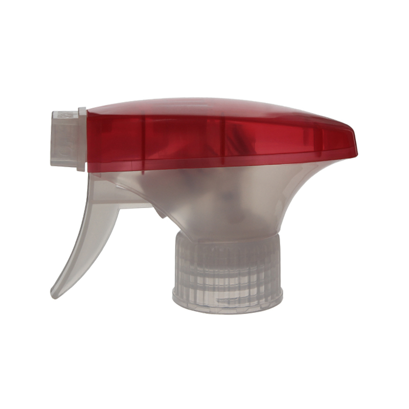 Front view of translucent red and clear general-purpose trigger sprayer with spray/stream nozzle and dual-shroud design, 28-410 neck, 0.9 ml output