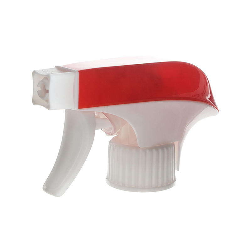 45-degree angled view of white and red dual-shroud trigger sprayer showing single-spray nozzle and ergonomic trigger, 28-410 neck, 0.9 ml dosage