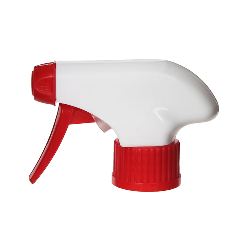 Front view of white and red trigger sprayer with ratchet closure and spray/stream nozzle, 28-410 neck, 1.3 ml output