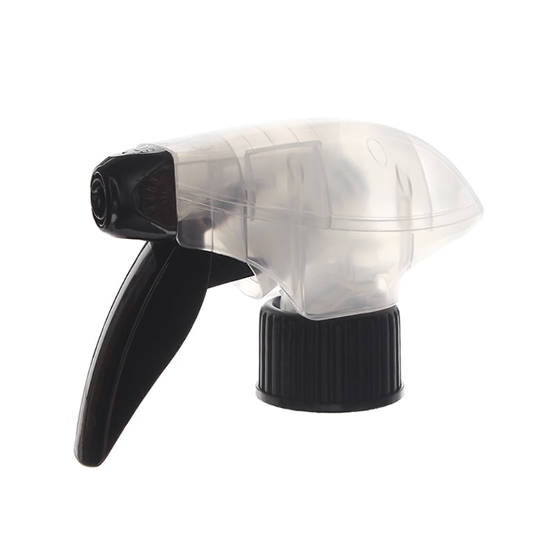 45-degree angled view of clear and black general-purpose trigger sprayer showing spray/stream nozzle and dual-shroud structure, 28-410 neck, 1.3 ml dosage