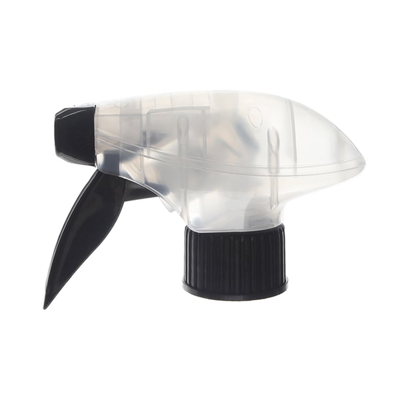 Front view of clear and black general-purpose trigger sprayer with spray/stream nozzle and dual-shroud design, 28-410 neck, 1.3 ml output