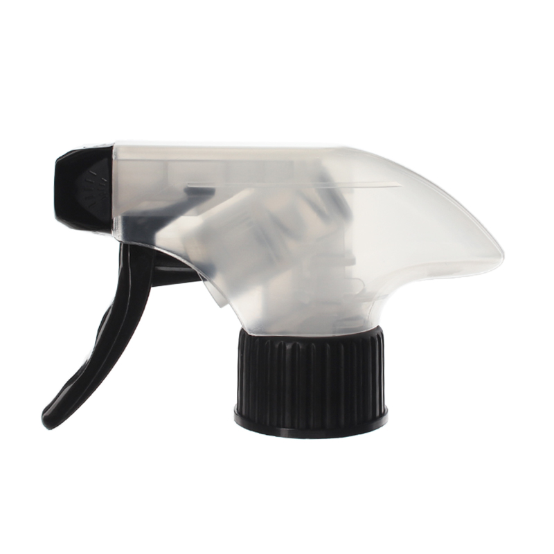 Front view of black and clear general-purpose trigger sprayer with spray/stream nozzle, 28-410 neck, 1.3 ml output