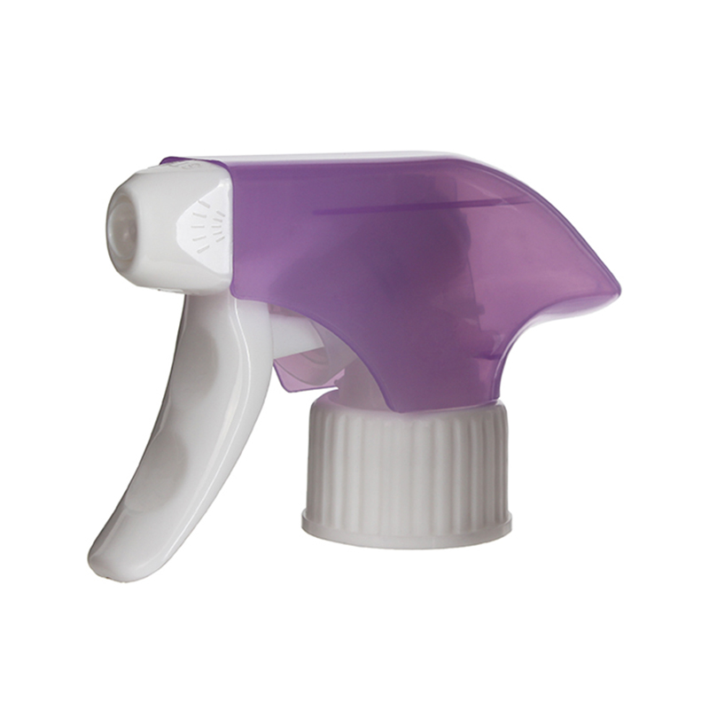 45-degree angled view of translucent purple and clear general-purpose trigger sprayer showing spray/stream nozzle and trigger design, 28-410 neck, 1.3 ml dosage