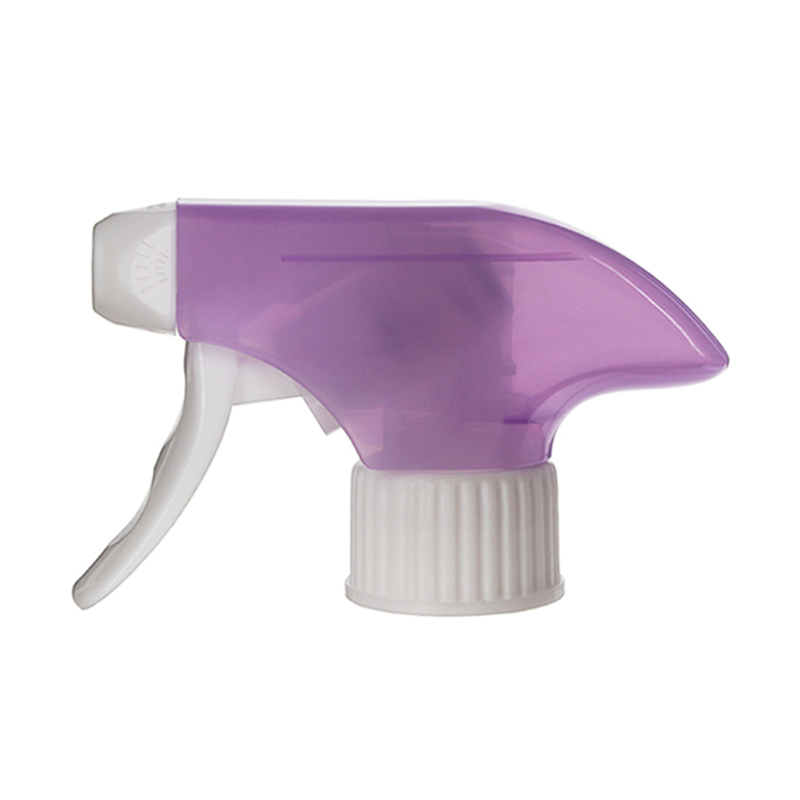 Front view of translucent purple and clear general-purpose trigger sprayer with spray/stream nozzle, 28-410 neck, 1.3 ml output