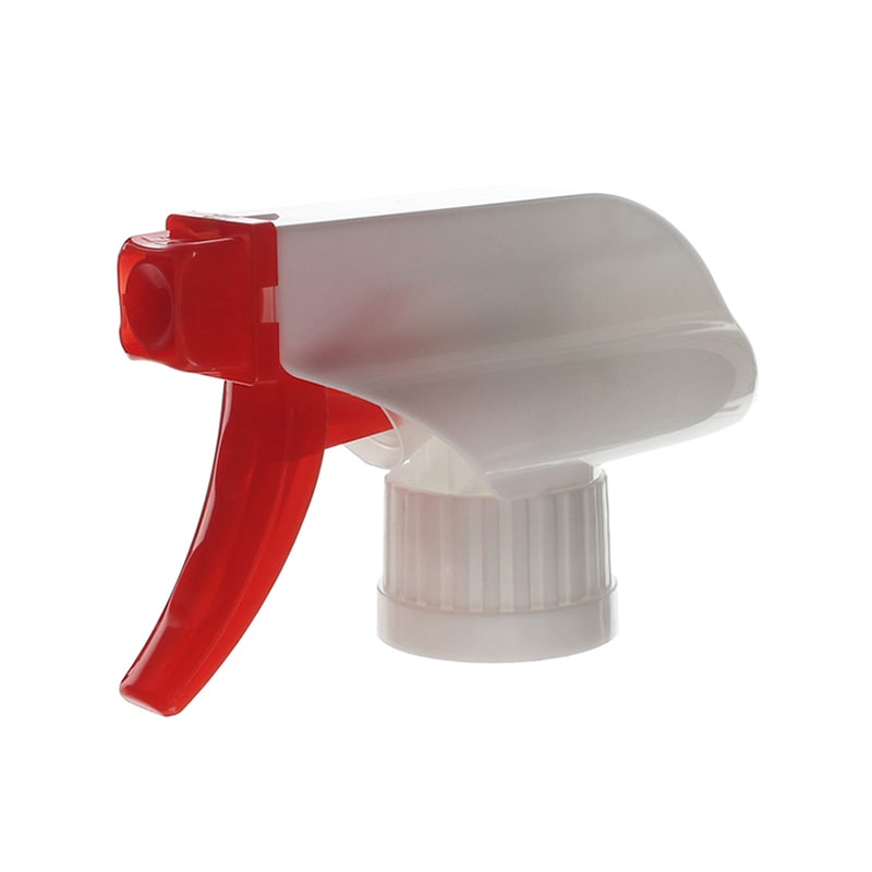 45-degree angled view of white and red ratchet closure trigger sprayer showing spray-only nozzle and ergonomic trigger, 28-410 neck, 1.3 ml dosage