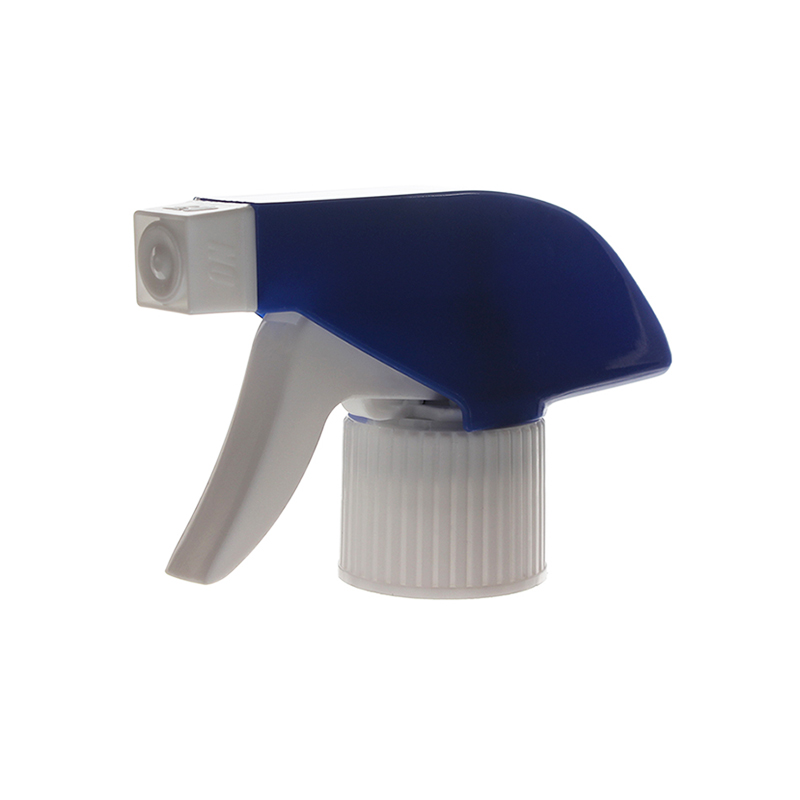 45-degree angled view of blue and white economical trigger sprayer showing spray/stream nozzle and trigger head, 28-415 neck, 0.6 ml dosage