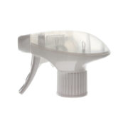 Front view of white all-plastic trigger sprayer with spray/stream nozzle, 28-415 neck, 1.3 ml output