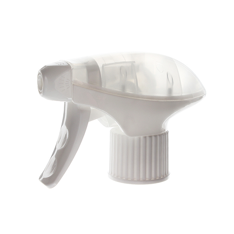 45-degree angled view of white all-plastic trigger sprayer showing spray/stream nozzle and ergonomic trigger, 28-415 neck, 1.3 ml dosage