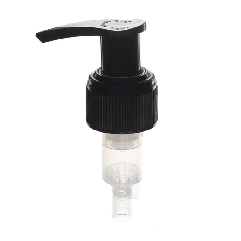 24-410 Black Lotion Pump, Lock Up, Ribbed, Spring Outside, 2ml Output - KIWL Plastic