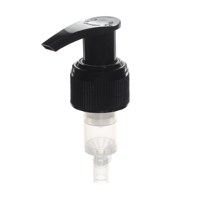 24-410 Black Lotion Pump, Lock Up, Ribbed, Spring Outside, 2ml Output - top view - KIWL Plastic