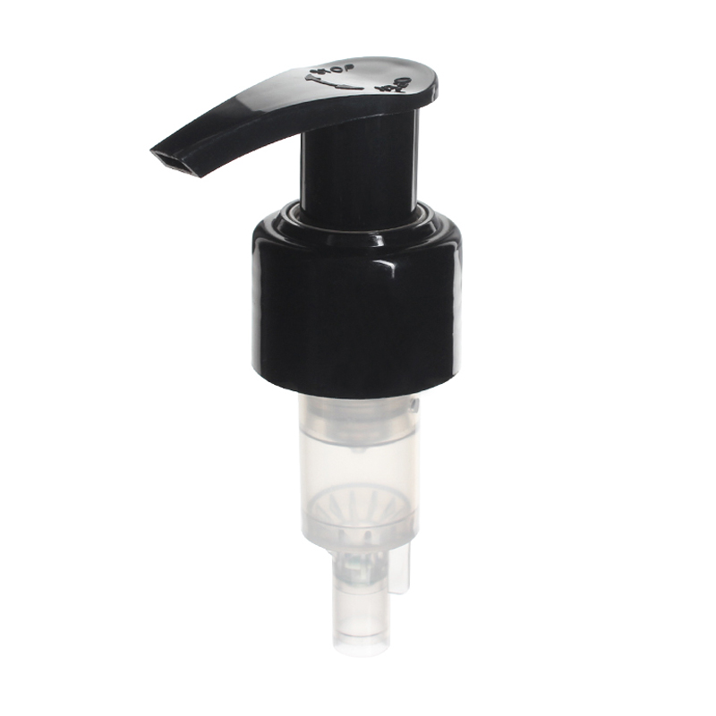 Massage Lotion Pump, 24-410, Glossy Black, Lock Up, Spring Outside, 2.0ml Output - top view - KIWL Plastic