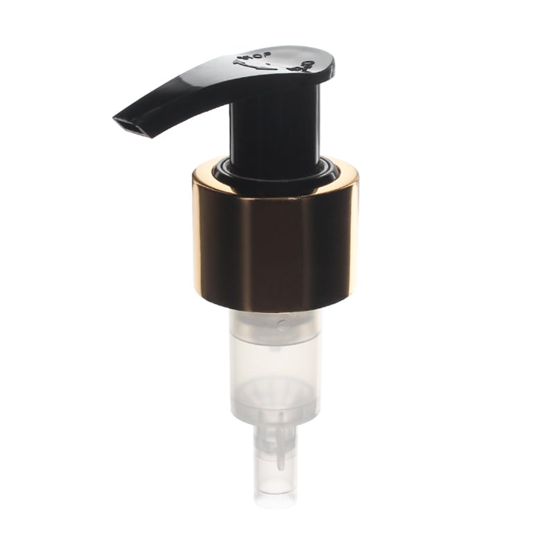 24-410 Gold Lotion Pump, Aluminum Closure, Lock Up, Spring Outside, 2ml Output - top view - KIWL Plastic