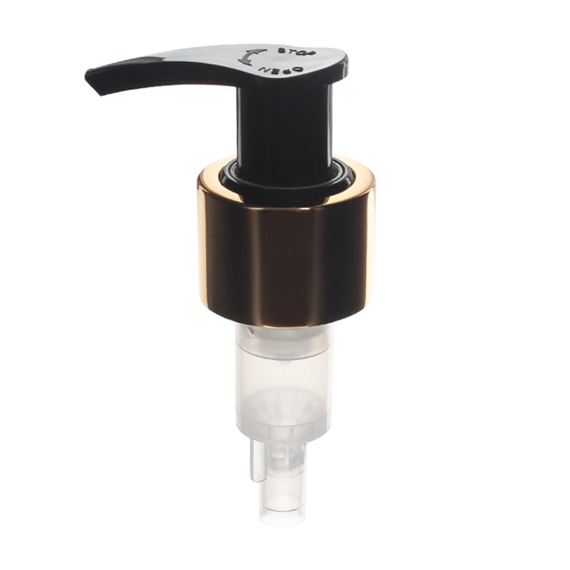 24-410 Gold Lotion Pump, Aluminum Closure, Lock Up, Spring Outside, 2ml Output - KIWL Plastic