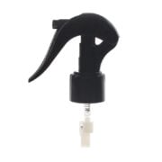 Front view of black upside down mini trigger sprayer with 360-degree fine mist spray, 24-410 neck, lockable button, 0.25 ml dosage