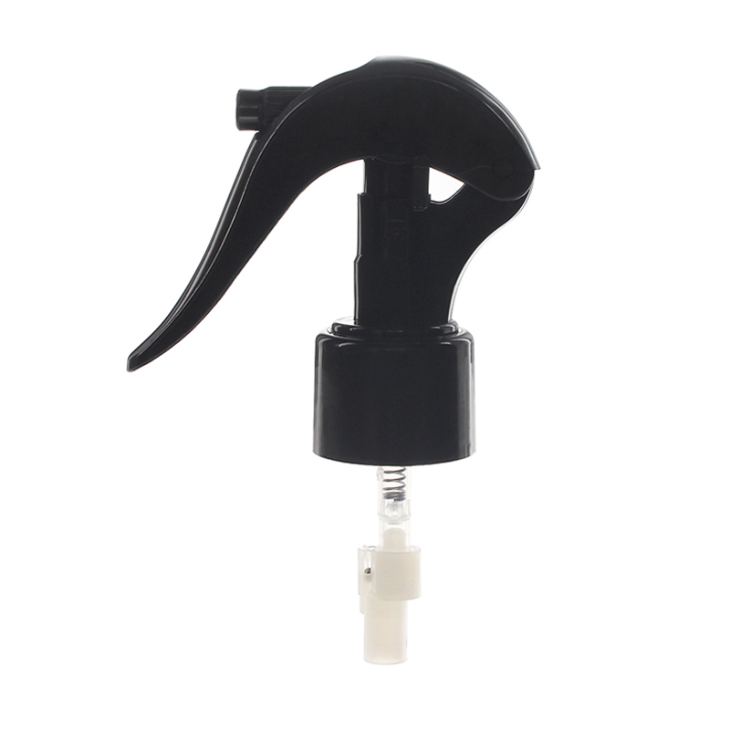 Front view of black upside down mini trigger sprayer with 360-degree fine mist spray, 24-410 neck, lockable button, 0.25 ml dosage