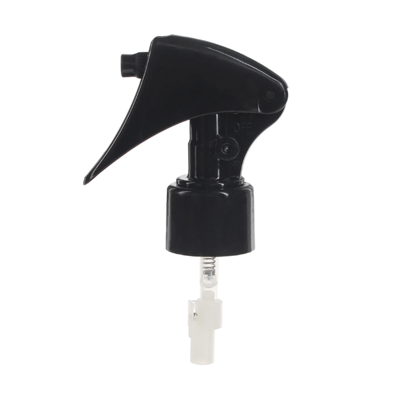 Front view of black upside down mini trigger sprayer, 24-410 neck, 360-degree fine mist spray, lockable button, 0.25 ml dosage