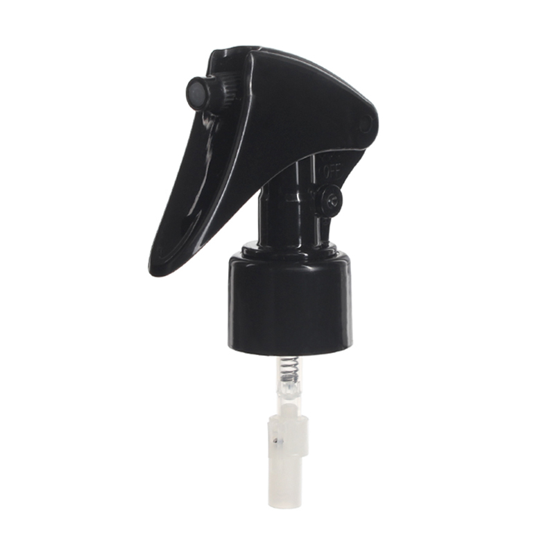 45-degree angled view of black upside down mini trigger sprayer showing nozzle and lockable button, 24-410 neck, 360-degree fine mist spray, 0.25 ml output