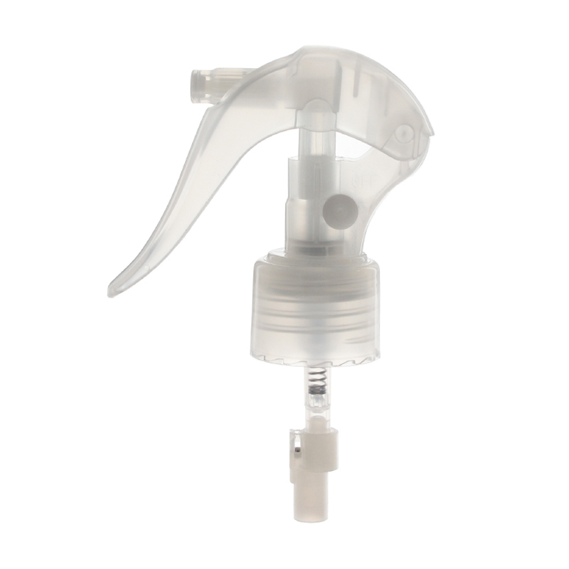 Front view of clear upside down mini trigger sprayer, 24-410 neck, 360-degree fine mist spray, lockable button, 0.25 ml dosage