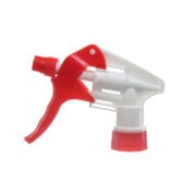 Front view of white and red chemical resistant trigger sprayer, 28mm 28-400 neck, 1.1 ml output