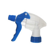 Front view of white and blue high-viscosity trigger sprayer with coarse spray for thick liquids, 28-400 neck, 1.1 ml output